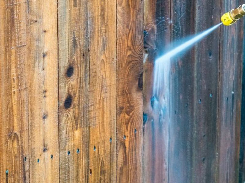 Fence Pressure Washing Close Up Photo=of Cleaned Wood