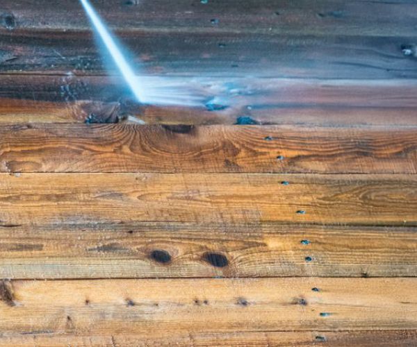 Deck Pressure Washing Close Up Photo=of Cleaned Wood